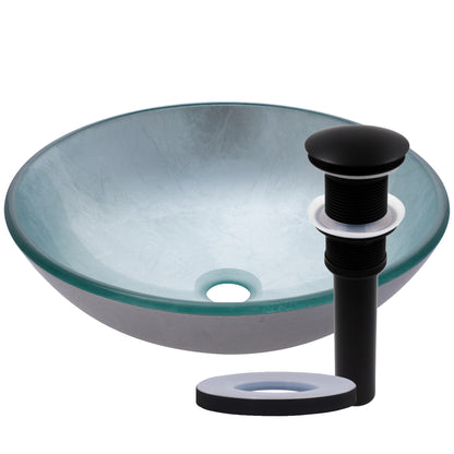 Silver Foiled Round Glass Vessel Bath Sink with pop-up drain in matte black