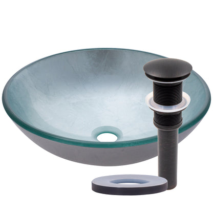 Silver foiled round tempered glass vessel bathroom sink by Novatto, modern design with sleek, reflective surface.