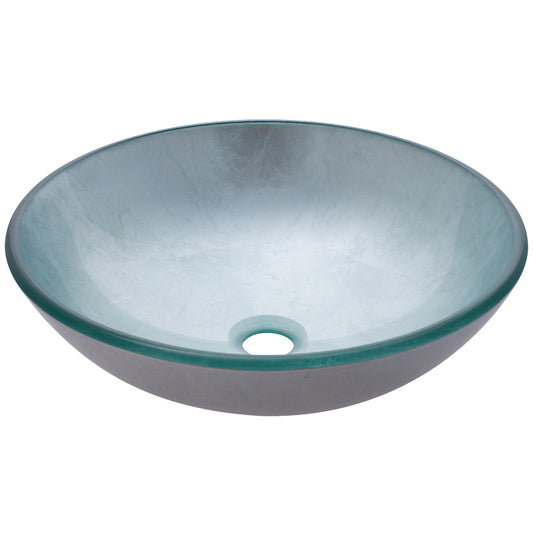 Modern silver foiled round tempered glass vessel bathroom sink by Novatto, shown from three-quarter view with sleek design details.