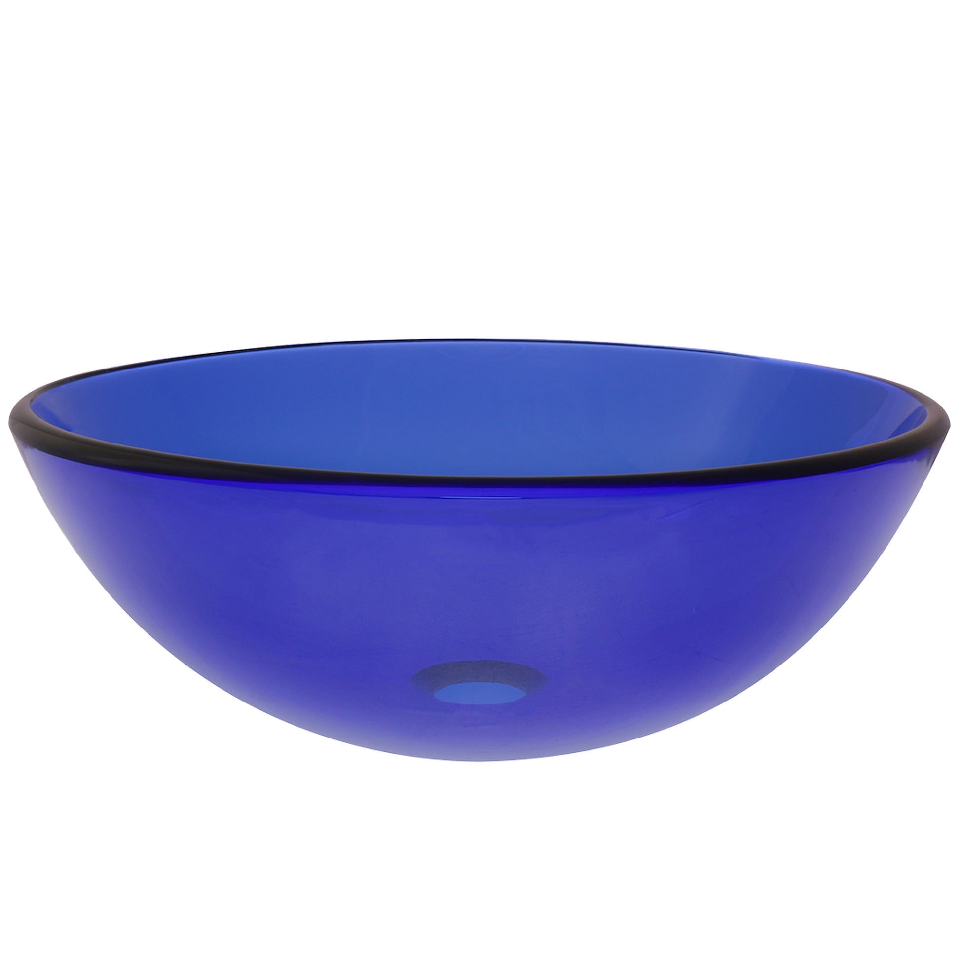 Blue round tempered glass vessel bathroom sink with modern design, side view showing smooth, glossy surface by Novatto.