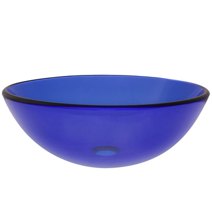 Blue round tempered glass vessel bathroom sink with modern design, side view showing smooth, glossy surface by Novatto.