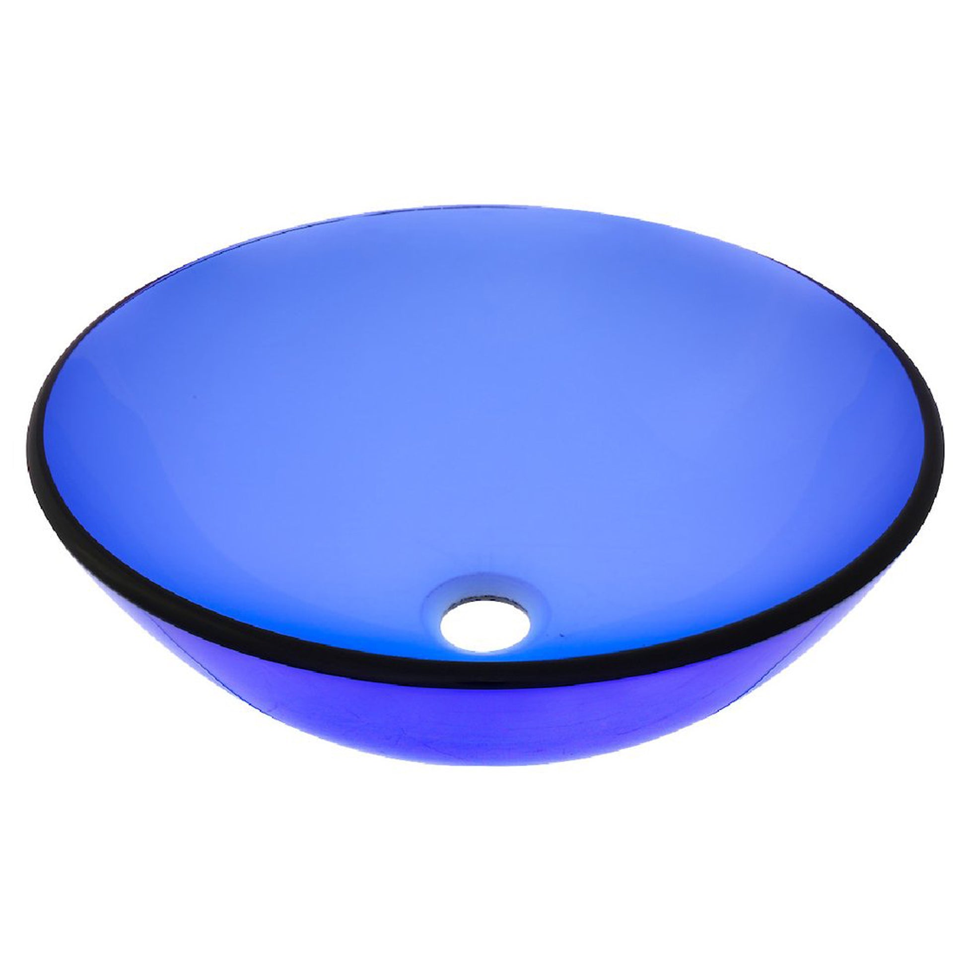 Blue round tempered glass vessel bathroom sink with smooth surfaces, modern design, and clear top view by Novatto.