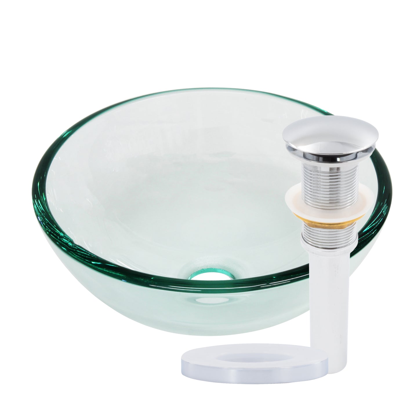 clear 12 inch round glass vessel sink with pop-up drain chrome