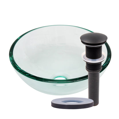 clear 12 inch round glass vessel sink with pop-up drain oil rubbed bronze