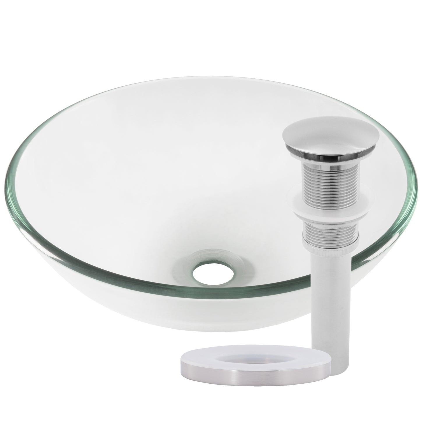 clear round glass vessel sink with drain, brushed nickel