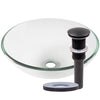 clear round glass vessel sink with drain, oil rubbed bronze