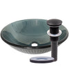 teal green round glass sink with pop-up drain and mounting ring