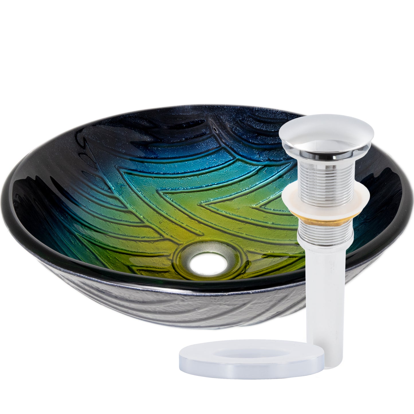 Ombré Navy to Yellow Glass Bathroom Vessel Sink with pop-up drain and mounting ring