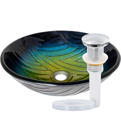 Ombré Navy to Yellow Glass Bathroom Vessel Sink with pop-up drain and mounting ring