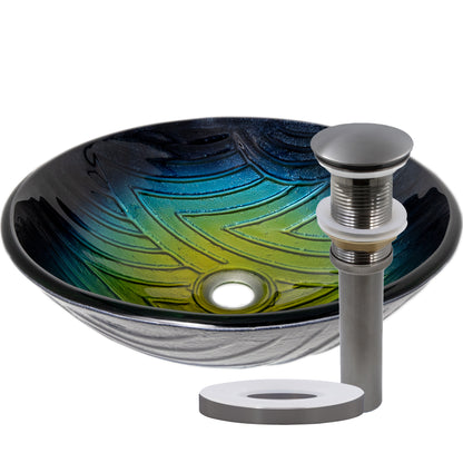 Ombré Navy to Yellow Glass Bathroom Vessel Sink with pop-up drain and mounting ring