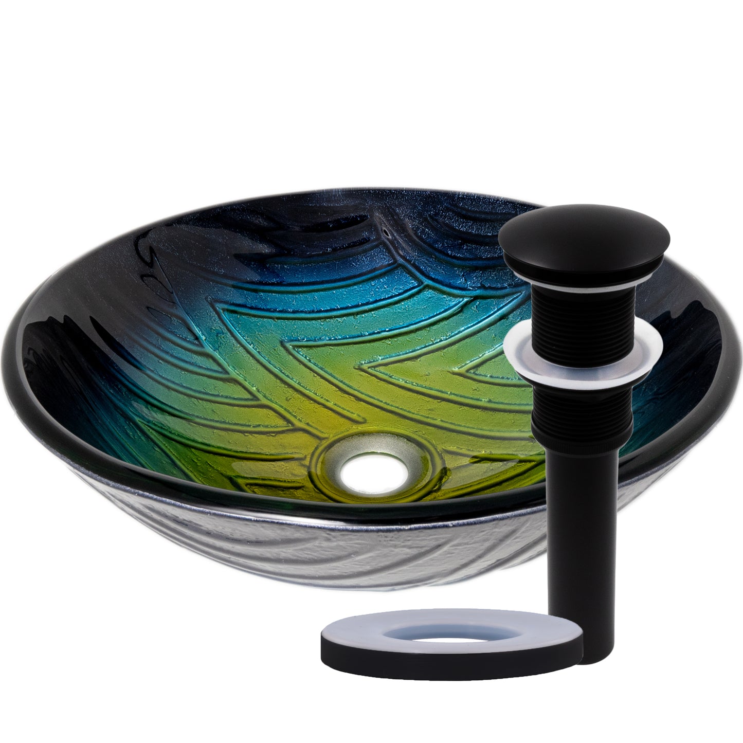 Ombré Navy to Yellow Glass Bathroom Vessel Sink with pop-up drain and mounting ring