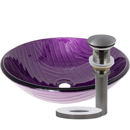 Hand-painted purple glass bathroom vessel sink by Novatto, modern design with smooth curves and glossy finish.