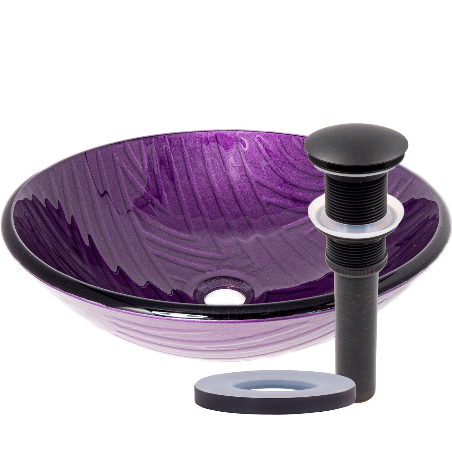 Hand-painted purple glass bathroom vessel sink by Novatto, modern design with smooth, glossy surface and rounded shape.
