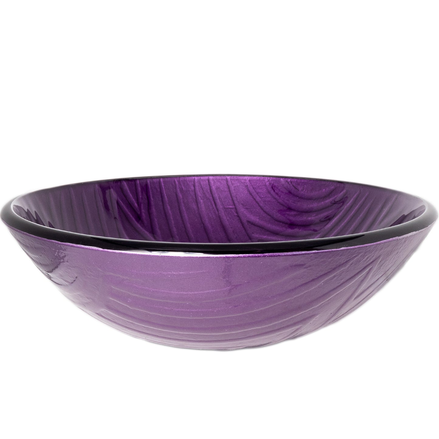 Side view of Novatto hand-painted purple glass modern bathroom vessel sink, model TIG-8123P with sleek, curved design.