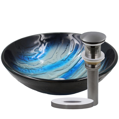Blue and Silver Painted Glass Bathroom Vessel Sink, NOHP-G051