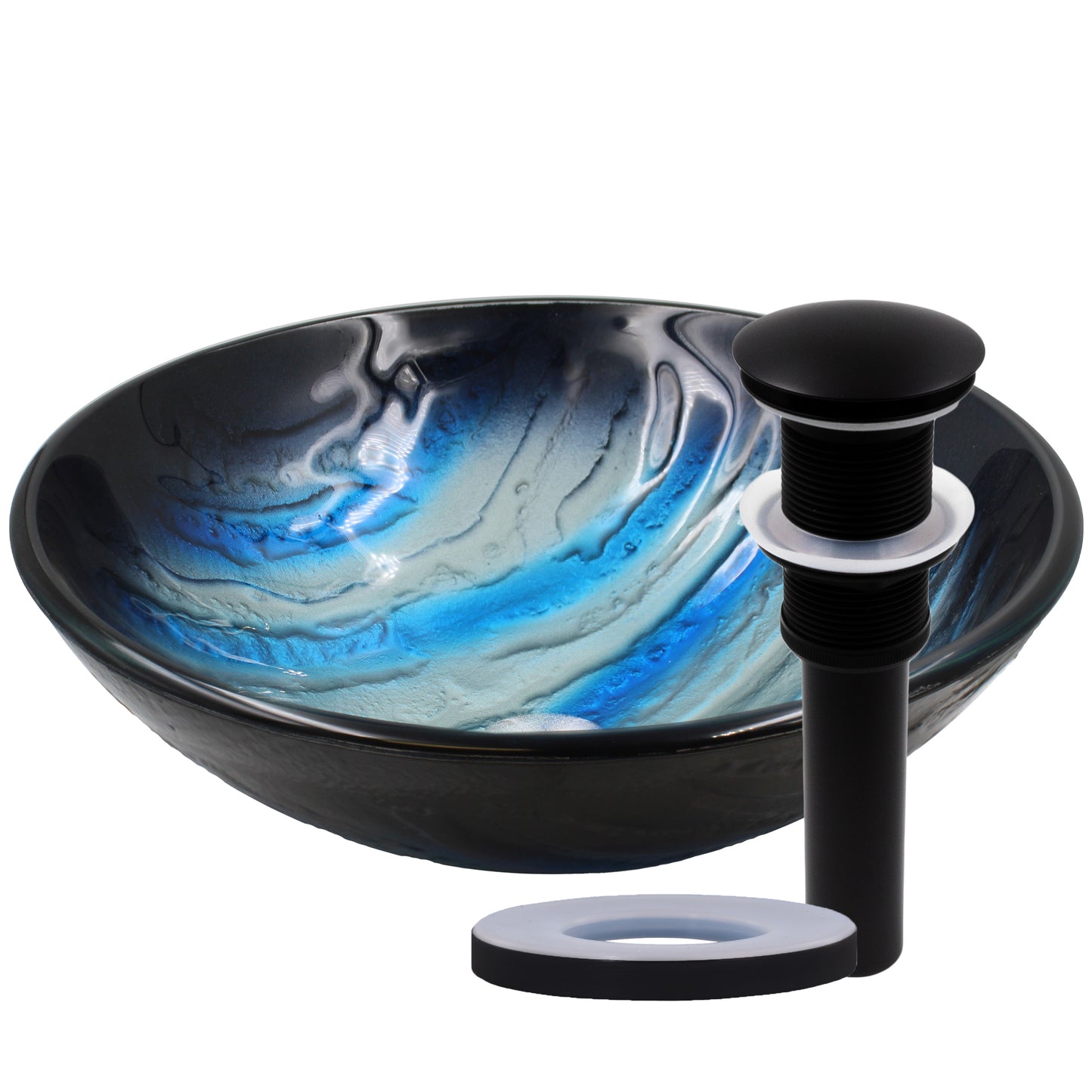 Blue and Silver Painted Glass Bathroom Vessel Sink, NOHP-G051