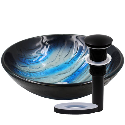 Blue and Silver Painted Glass Bathroom Vessel Sink, NOHP-G051