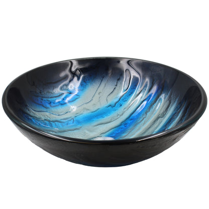 Blue and Silver Painted Glass Bathroom Vessel Sink, NOHP-G051