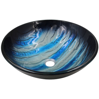 Blue and Silver Painted Glass Bathroom Vessel Sink, NOHP-G051