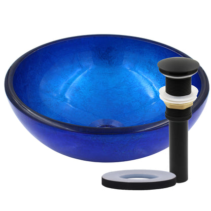 12" mini blue glass vessel sink w/ pop-up drain, matte black