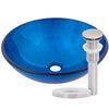 hand painted foiled blue glass vessel sink with drain brushed nickel