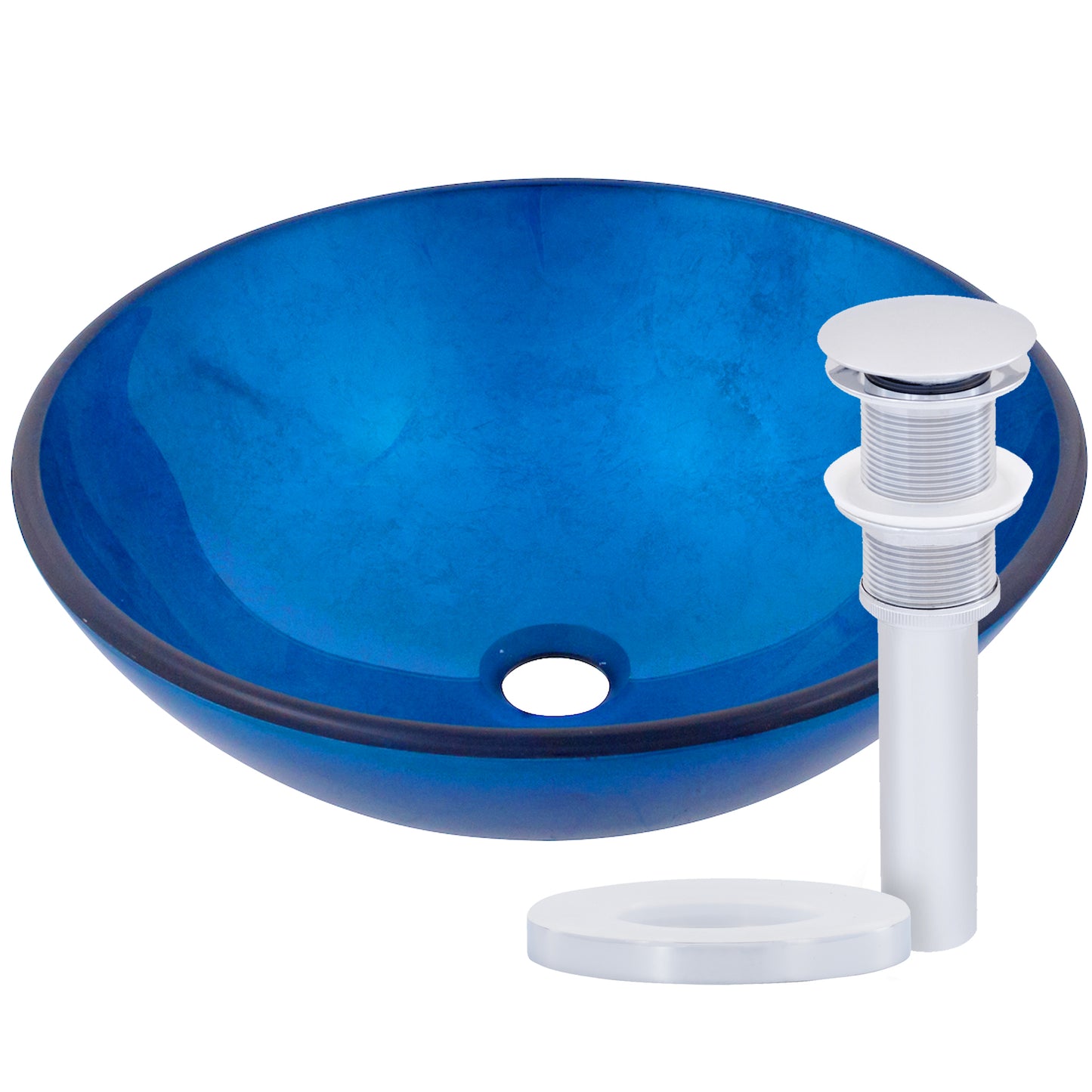 hand painted foiled blue glass vessel sink with drain chrome