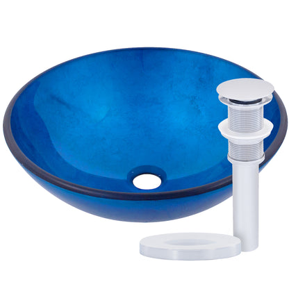 hand painted foiled blue glass vessel sink with drain chrome