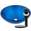 hand painted foiled blue glass vessel sink with drain matte black