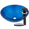 hand painted foiled blue glass vessel sink with drain oil rubbed bronze