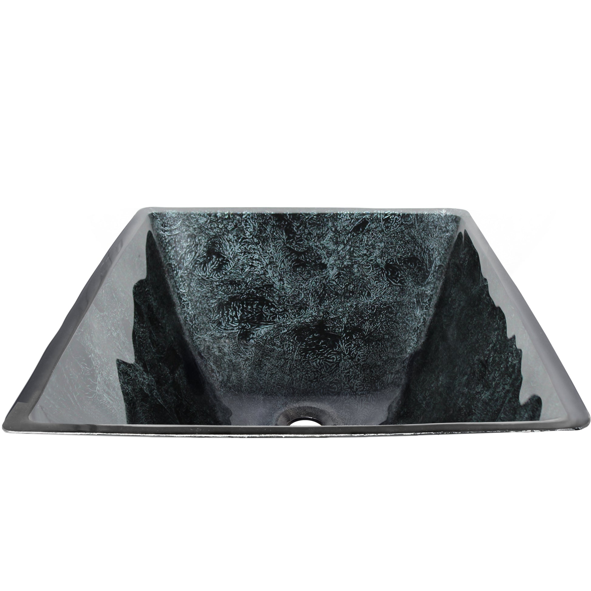 Modern black and silver hand foiled square tempered glass bathroom sink by Novatto, front view showcasing sleek design.