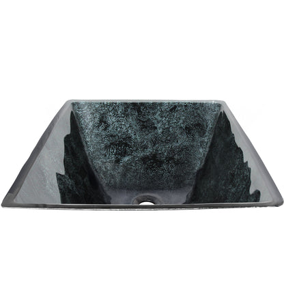 Modern black and silver hand foiled square tempered glass bathroom sink by Novatto, front view showcasing sleek design.