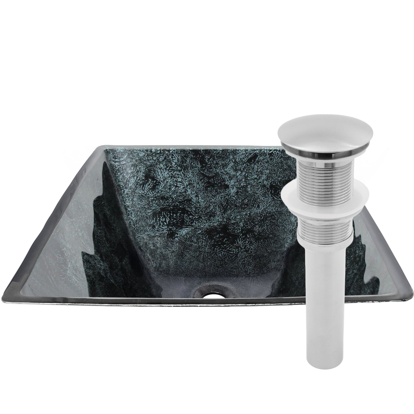 Modern black and silver hand foiled square tempered glass bathroom sink by Novatto, with sleek design and polished finish.