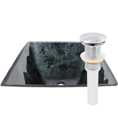 Black and silver hand foiled square tempered glass vessel bathroom sink by Novatto with modern design.