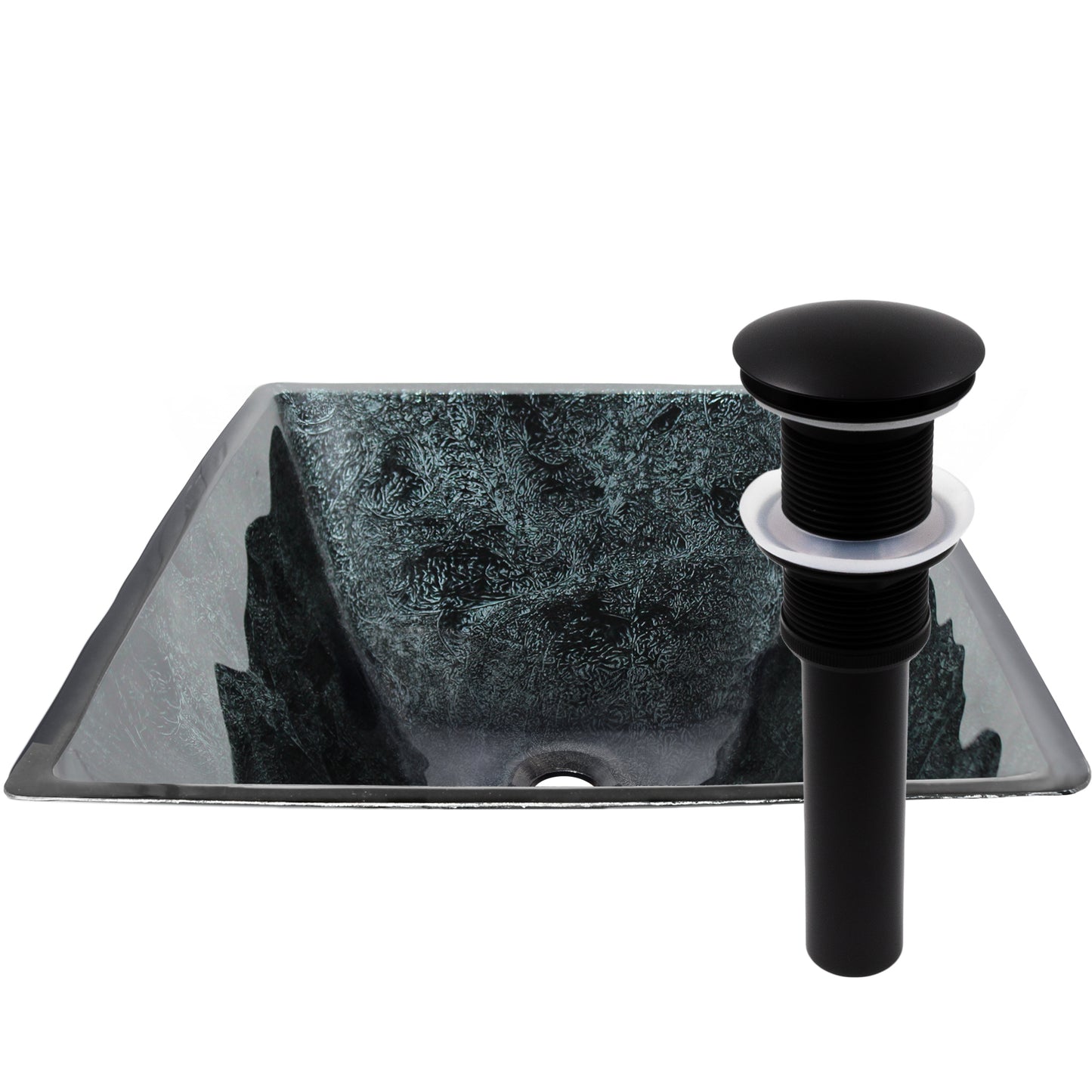 Black and silver hand foiled square tempered glass bathroom sink by Novatto, modern vessel design.