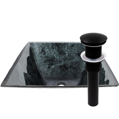Black and silver hand foiled square tempered glass bathroom sink by Novatto, modern vessel design.