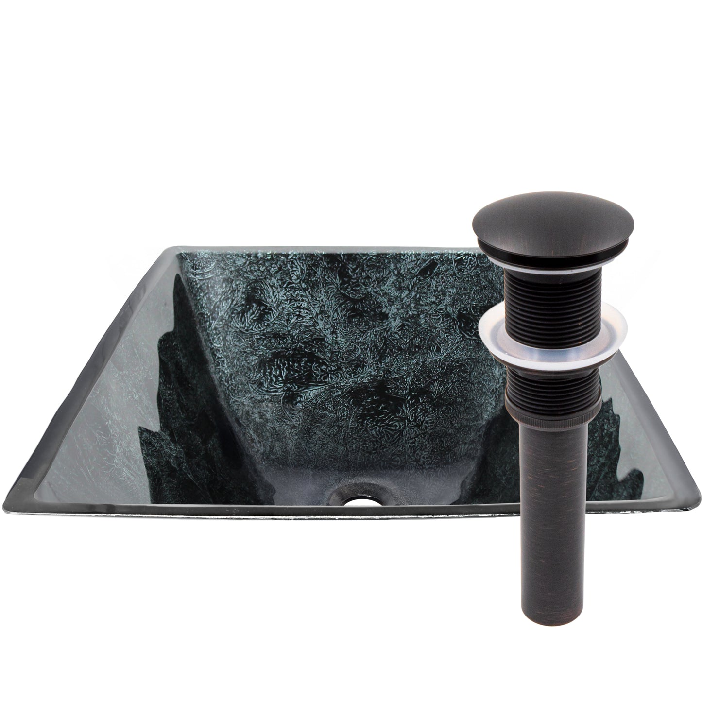 Modern black and silver square tempered glass vessel bathroom sink by Novatto with hand foiled design.