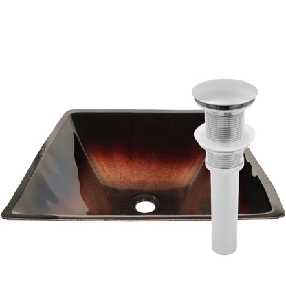 Modern copper and black square glass vessel bathroom sink by Novatto, with sleek square design and clear glass surface.