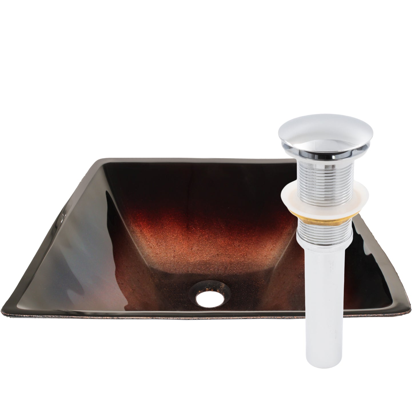 Modern copper and black square glass vessel bathroom sink by Novatto, featuring sleek design and clear glass surface.