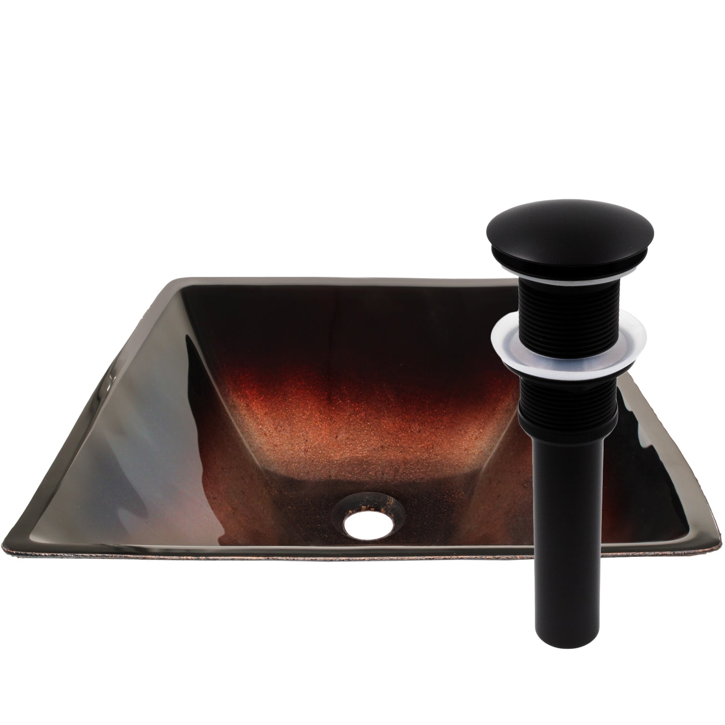 Modern copper and black square glass vessel bathroom sink by Novatto, featuring sleek design and clear glass surface.