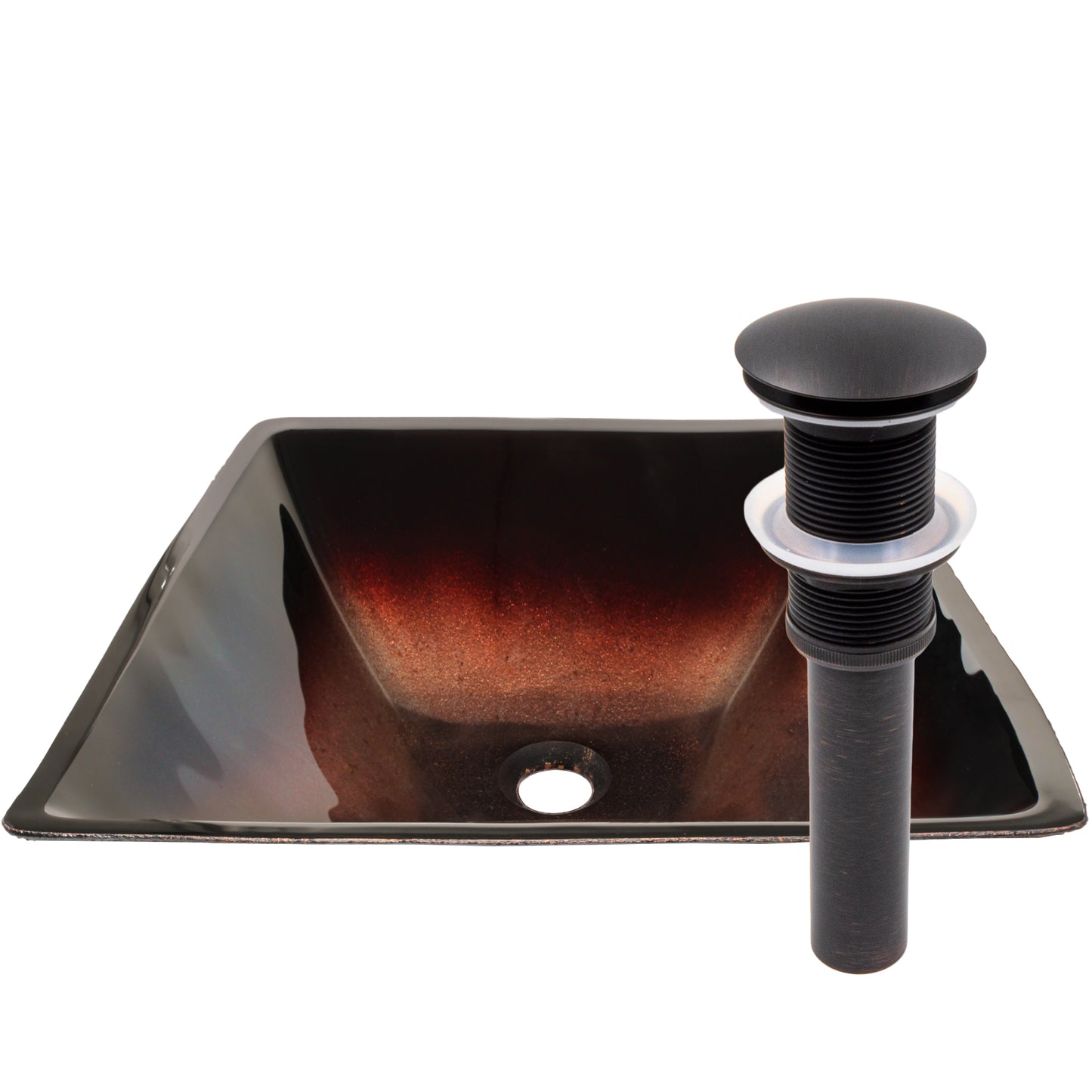 Modern copper and black square glass vessel bathroom sink by Novatto, featuring sleek design and contemporary style.
