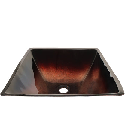 Modern copper and black square glass vessel bathroom sink by Novatto, front view showing sleek design and glossy finish.