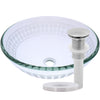 clear round etched glass sink with pop up drain