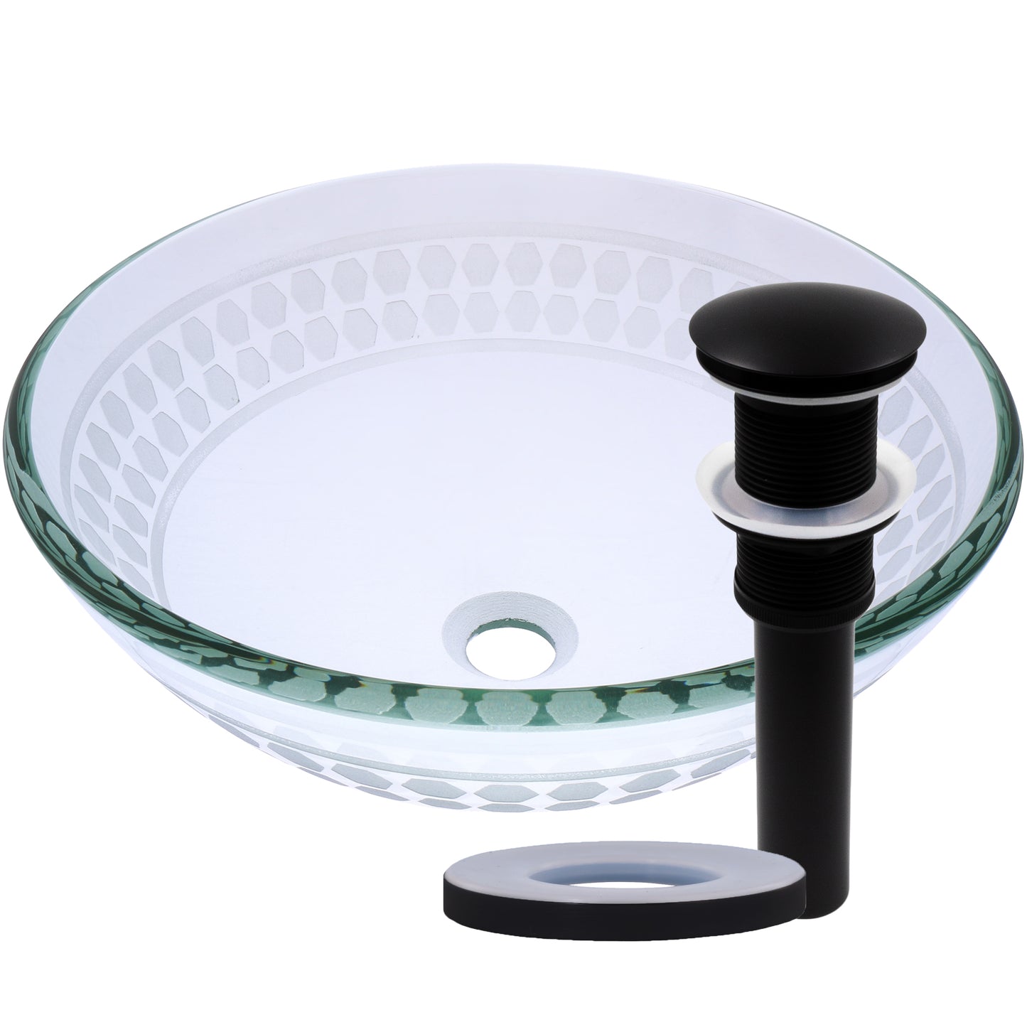 clear round etched glass sink with pop up drain