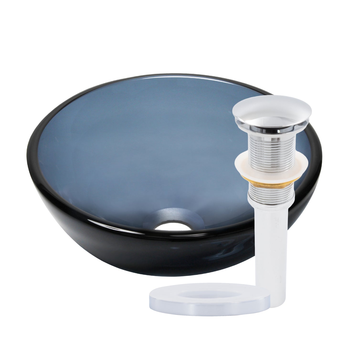 Clear Slate Grey Round Tempered Glass Vessel Bath Sink , Pop-Up Drain and  Mounting Ring Chrome