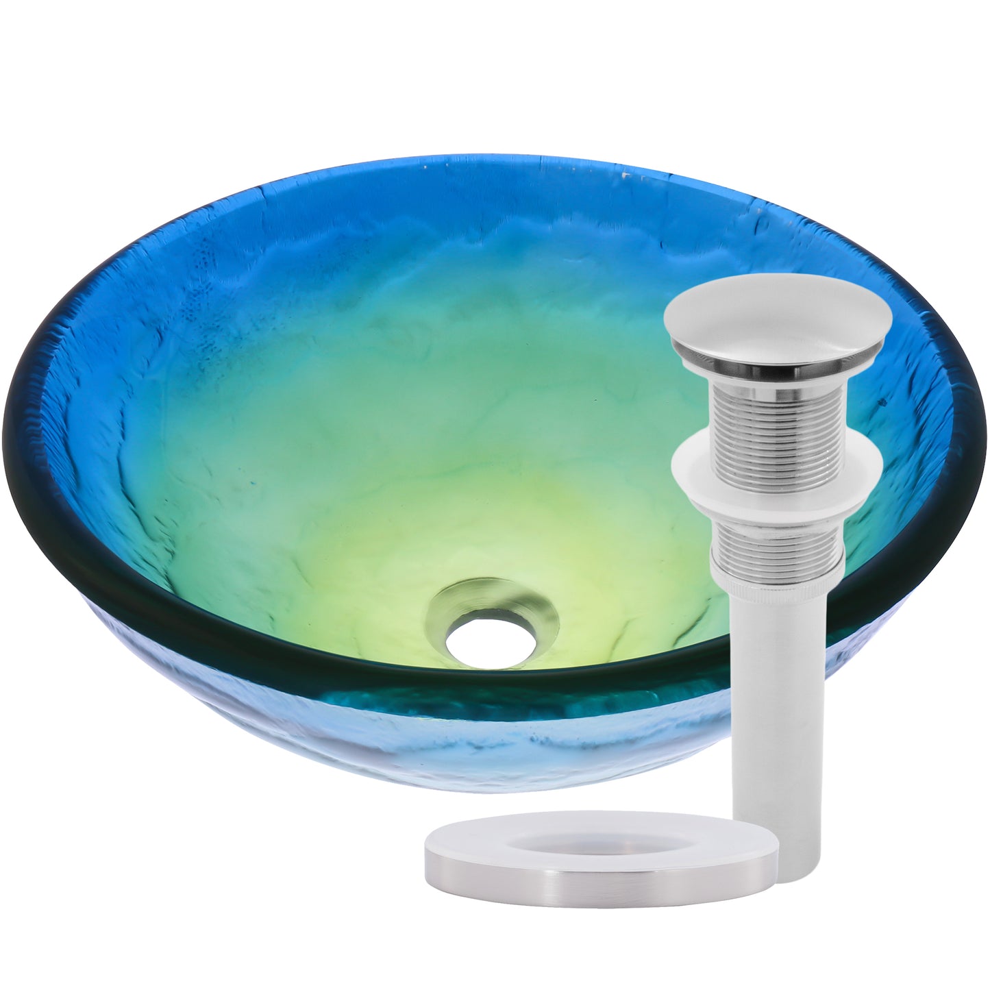 blue glass vessel bathroom sink with pop-up drain, brushed nickel