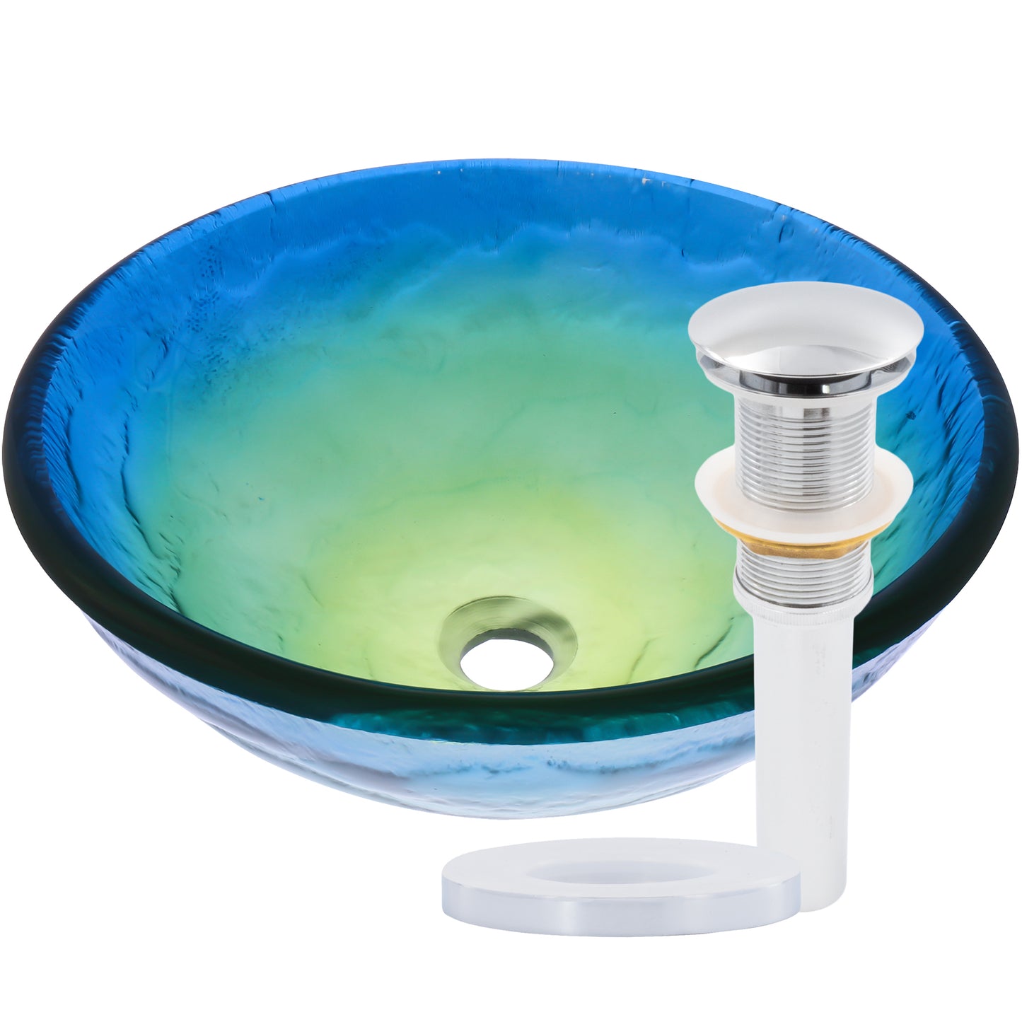 blue glass vessel bathroom sink with pop-up drain, chrome