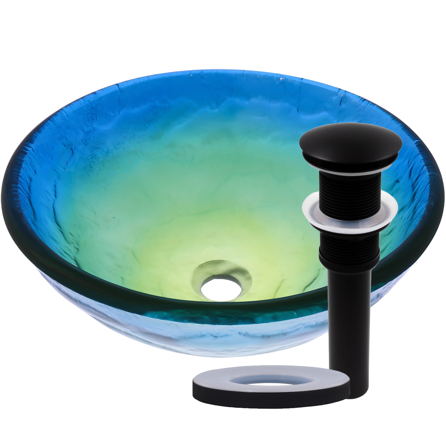 blue glass vessel bathroom sink with pop-up drain, matte black