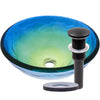 blue glass vessel bathroom sink with pop-up drain, oil rubbed bronze