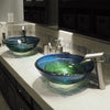 blue glass vessel bathroom sink with pop-up drain, brushed nickel