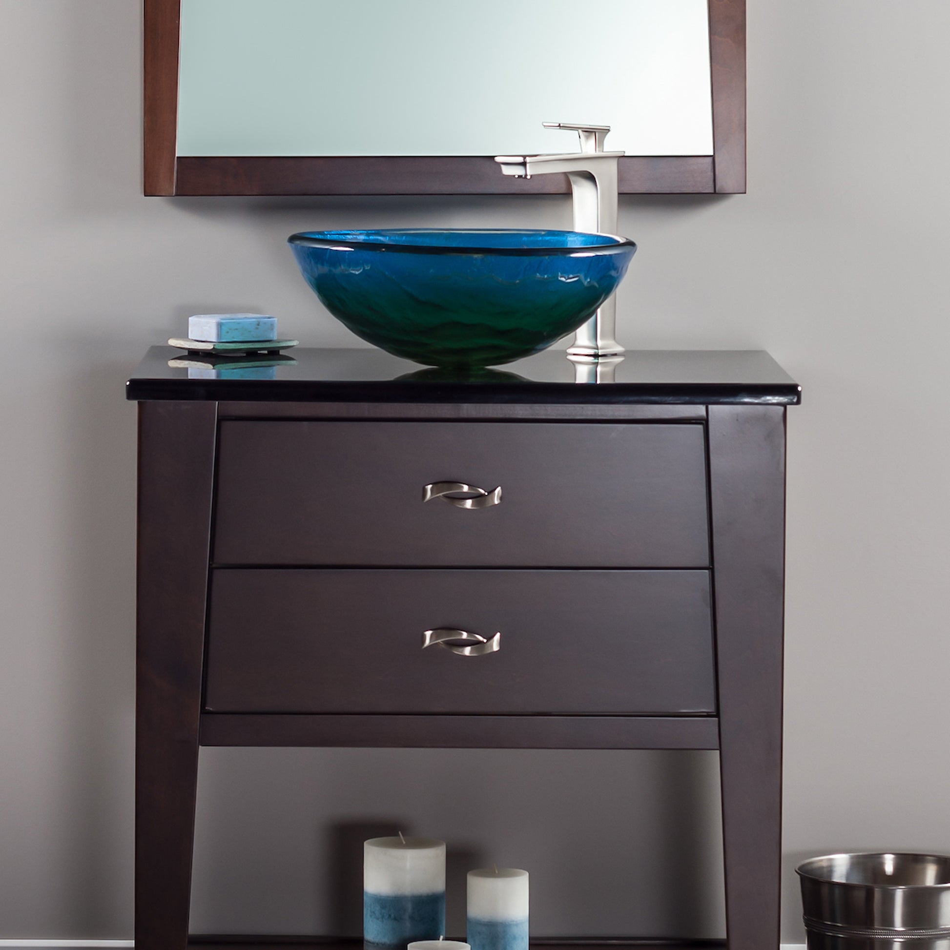 blue glass vessel bathroom sink lifestyle